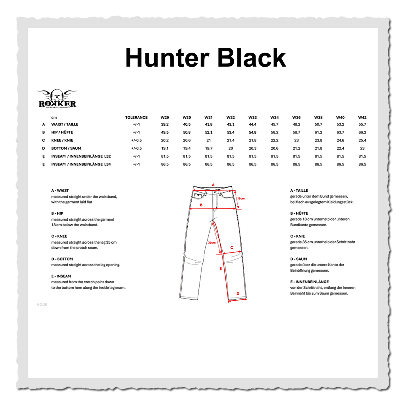 Maßtabelle für schwarze Jeans mit Größenwerten, zweisprachigen Erklärungen und schematischer Hosenzeichnung.